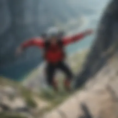 A daredevil base jumper leaping off a cliff