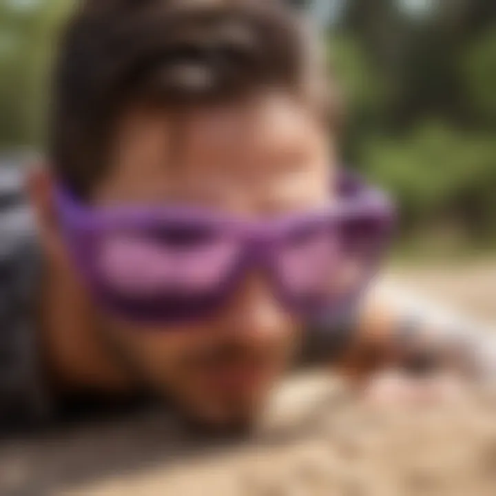 Extreme sports enthusiast wearing purple camo sunglasses in action