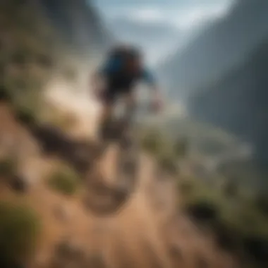 Aerial view of a mountain biker navigating rugged terrain