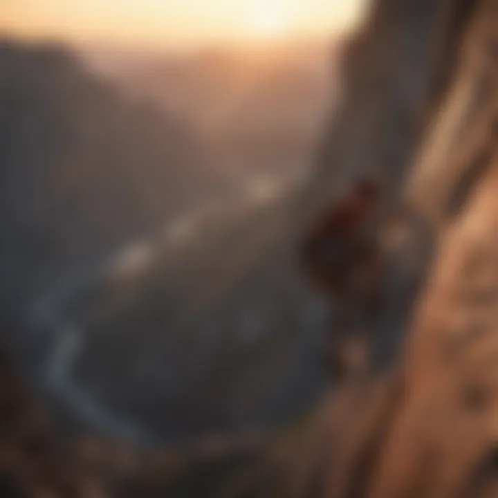 Silhouetted rock climber scaling a steep cliff at sunset