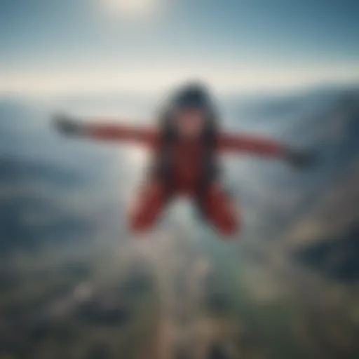 Dynamic aerial view of skydiver soaring through the sky