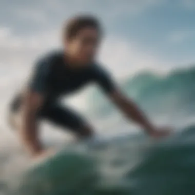 Close-up of a surfer riding a massive wave with determination