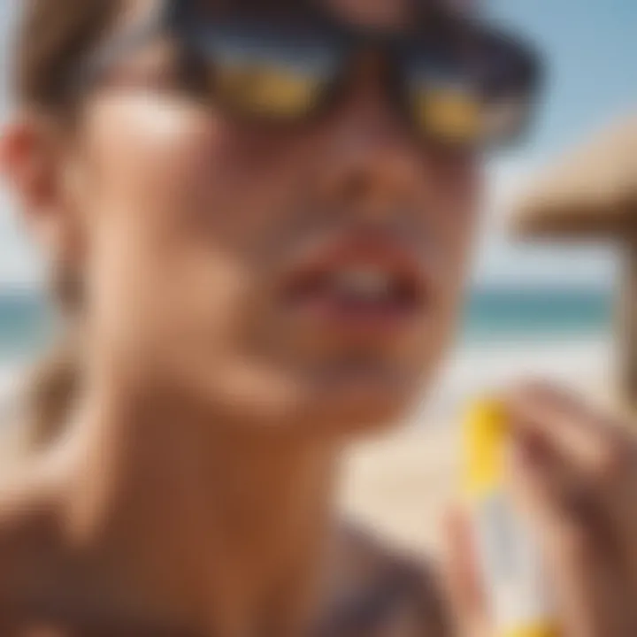 Surfer applying lip sunscreen on a sunny beach