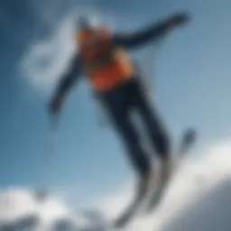 A skier performing a daring aerial trick against a clear blue sky