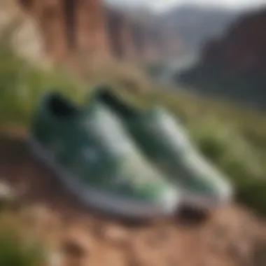 Close-up of green floral Vans against rugged terrain backdrop