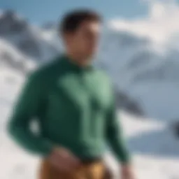 Green long sleeve polo shirt in action on snow-covered mountain