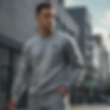 Fashionable man wearing grey Nike crewneck with urban backdrop