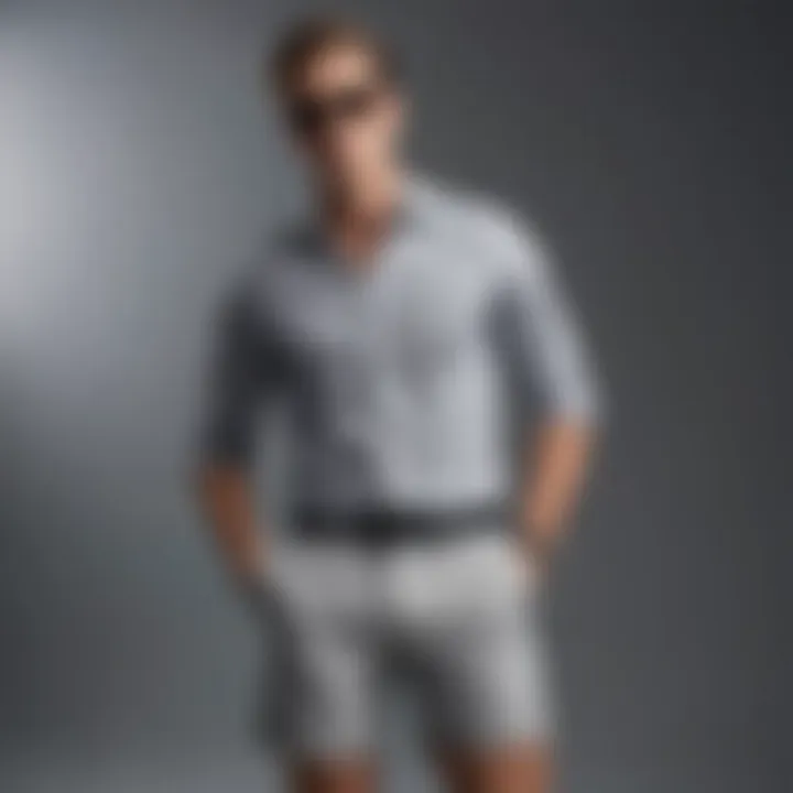 Grey shorts combined with a classic striped shirt and trendy sunglasses