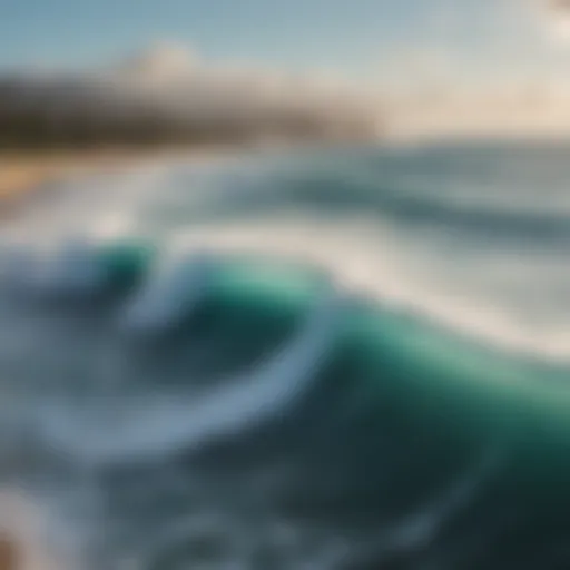 Aerial view of powerful waves breaking on the shore with surfers in the distance