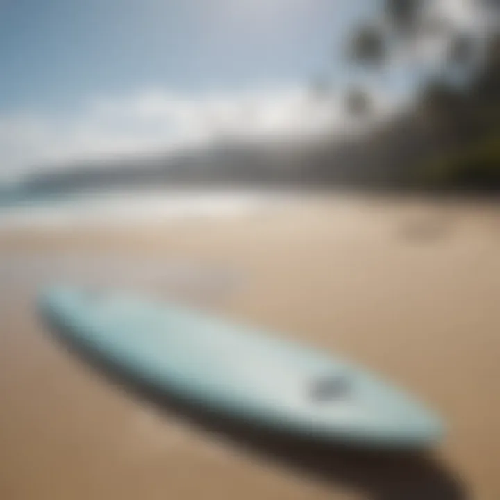 Crystal clear waters with a surfboard resting on the sandy beach