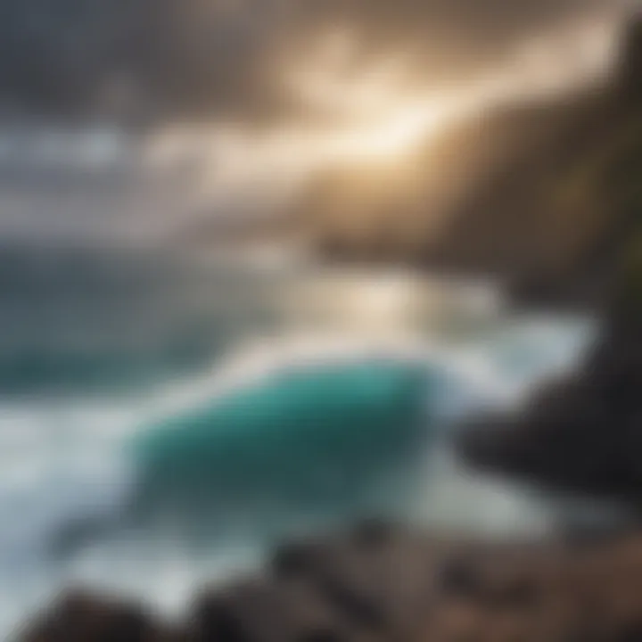 Panoramic view of rugged cliffs overlooking a pristine surf spot in Hawaii