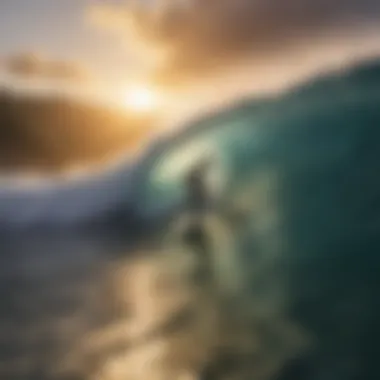 Surfer riding a massive wave with the sun setting in the background