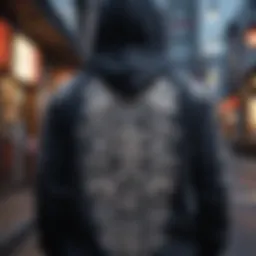Hoodie adorned with traditional Japanese motifs in a dynamic urban setting