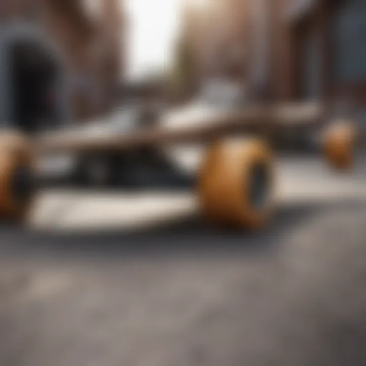 Close-up view of skateboard components like trucks, wheels, and deck