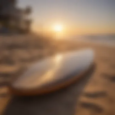 Surfboard resting on the sand at Huntington Beach during sunset