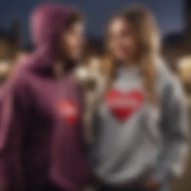 A vibrant community scene showcasing individuals bonding over their passion for extreme sports, all in I Heart Hoodies.