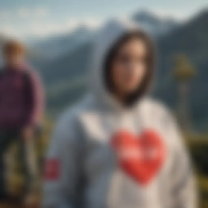 A group of extreme sports athletes showcasing the I Heart Hoodie in an outdoor setting.