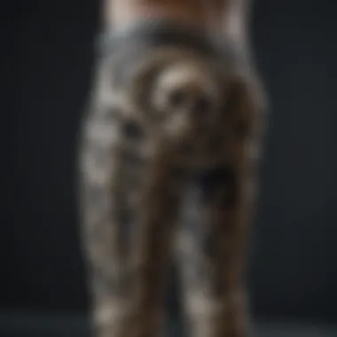 Close-up of intricate skeleton leg pattern on pants