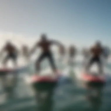 A group of jet boogie boarders racing each other in the ocean