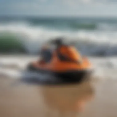 A jet ski rescue board displayed on a vibrant beach with waves crashing in the background