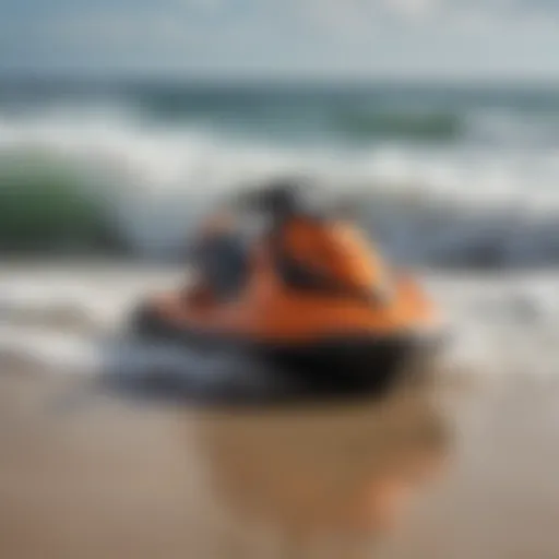 A jet ski rescue board displayed on a vibrant beach with waves crashing in the background