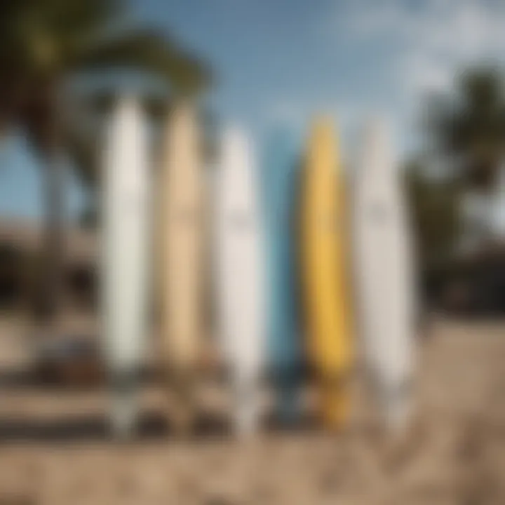 A close-up of surfboards lined up, ready for the day's adventures on the waves.