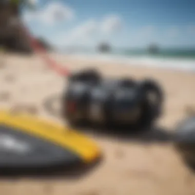 Gear Essentials: Preparing for Adventure A close-up view of essential kite surfing gear laid out on the beach, emphasizing quality and safety.