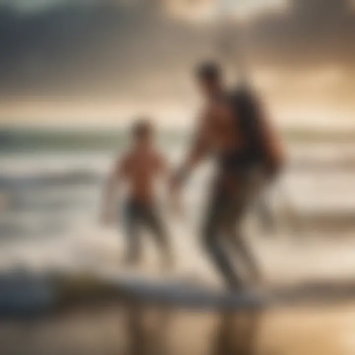 An instructor guiding a student on the beach, illustrating effective teaching methods for kite surfing.