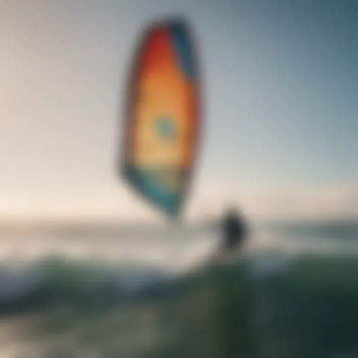 A vibrant kite soaring above the ocean waves, showcasing the thrill of kite surfing.