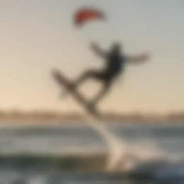 Dynamic kite surfing action at Long Beach with vibrant kites in the sky