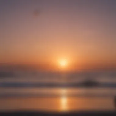 Stunning sunset view over Long Beach with kite surfers in the foreground