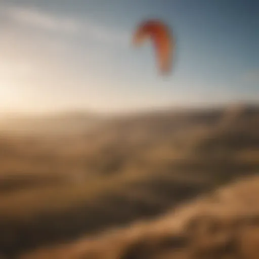 A vibrant kite soaring above a vast, open landscape with riders in action.