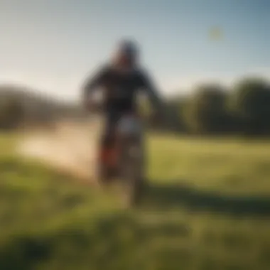 An intense moment capturing a rider racing across a grassy field with a kite.