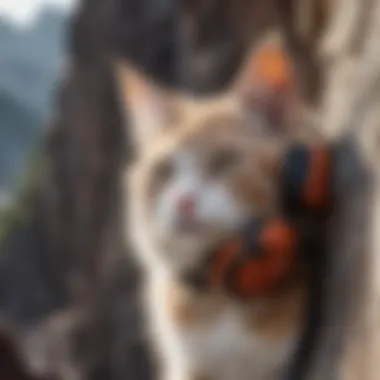 Adventurous rock climber flaunting kitty ear muffs on the cliff