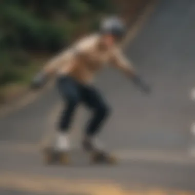 An athlete wearing Landyachtz slide gloves while performing a downhill longboarding maneuver.