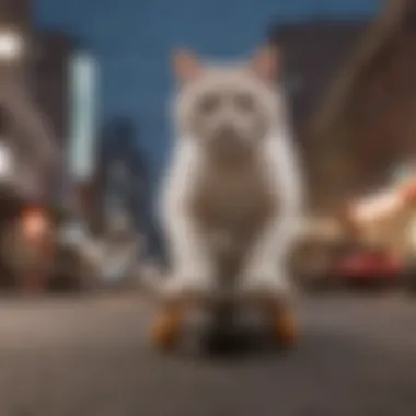 Lord Nermal skateboarding through a vibrant cityscape