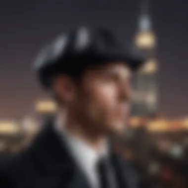 Luxurious black newsboy hat against cityscape backdrop