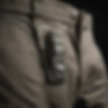 Macro shot of durable metal hardware on cotton cargo pants