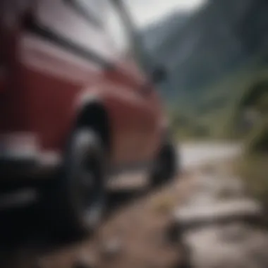 Close-up of maroon and black vans navigating steep slopes