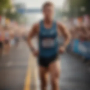 Endurance athlete crossing half marathon finish line in triumph