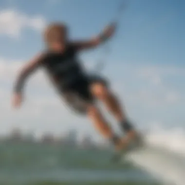 Soaring Over St. Pete: Kiteboarding Adventure Kiteboarder Riding Waves with St. Pete Skyline in Background