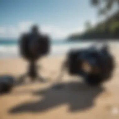 Ready for Adventure: Enthusiasts Gear Up by the Shore A group of adventurers preparing gear on the beach
