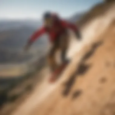 Mountain boarder sliding down steep slope with speed