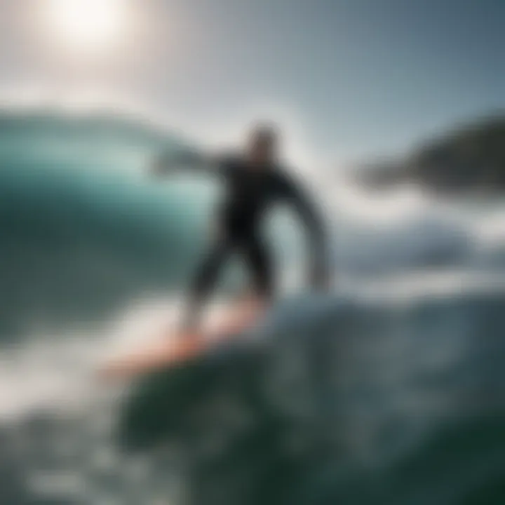 Surfer riding massive waves under the sun