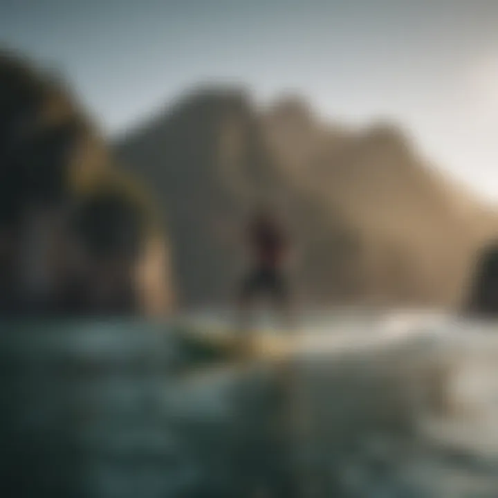 An action shot of a paddleboarder gliding over calm waters, demonstrating the performance of Naish paddleboards.