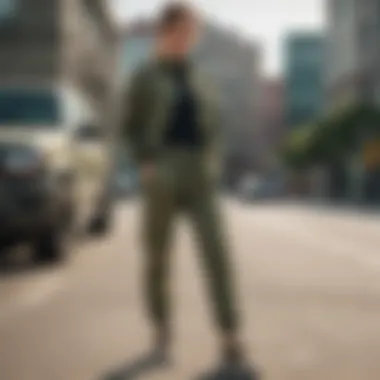 Pairing army green cargo joggers with neutral-toned top and sneakers