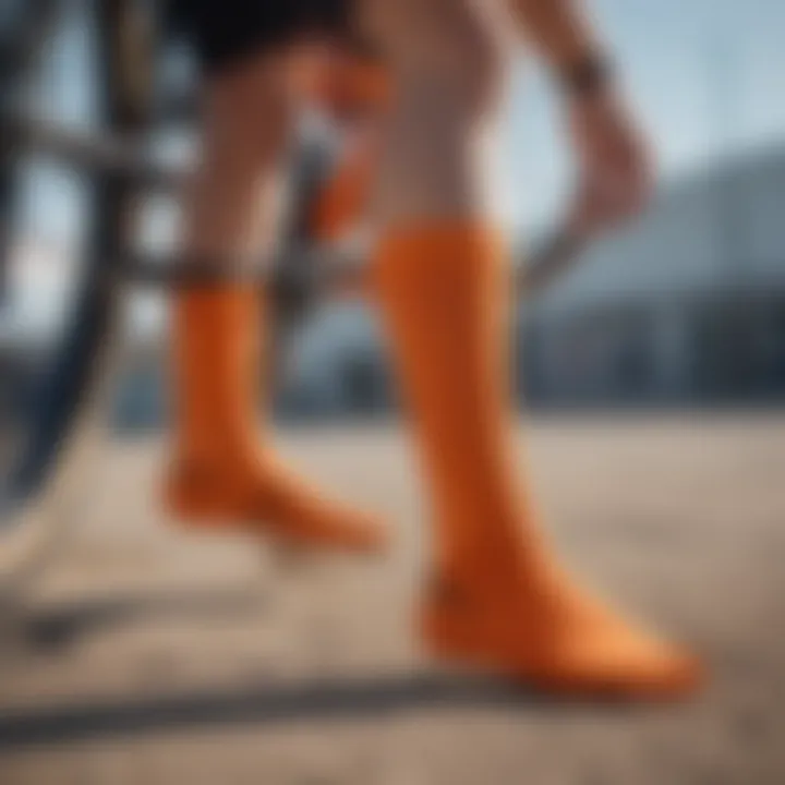 Close-up of orange Nike socks enhancing grip and style in BMX biking