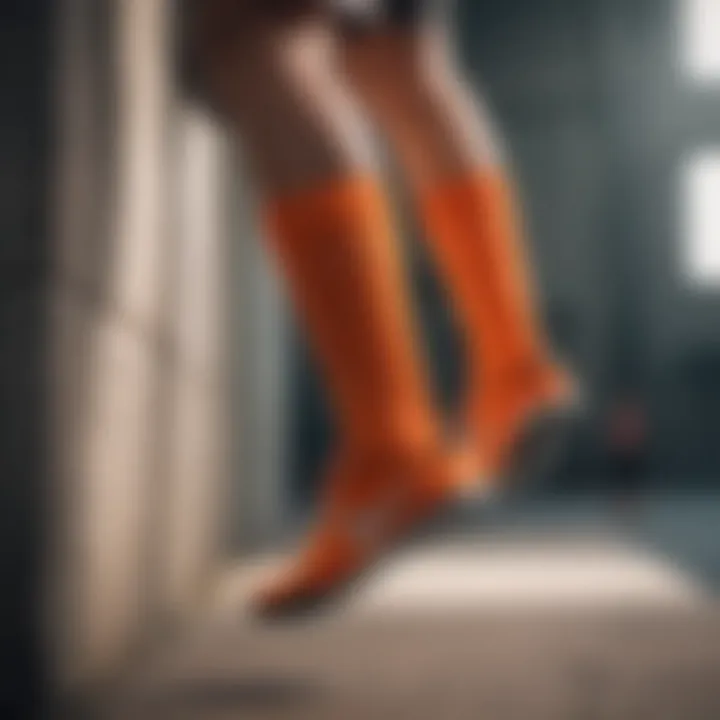 Youth athlete showcasing orange Nike socks during adrenaline-pumping parkour stunts