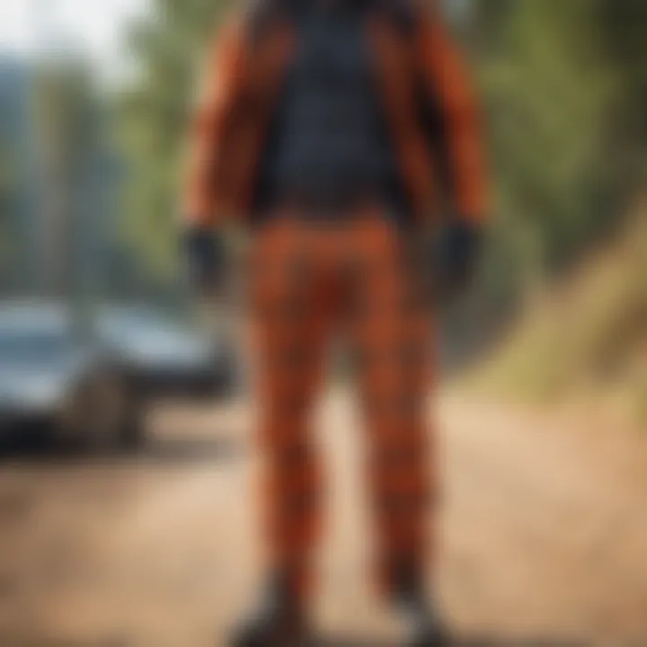 Orange plaid pants paired with high-performance gear