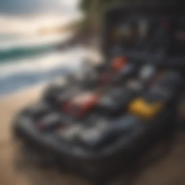 Efficiently Packed Surf Gear An organized packing of surf gear within a travel bag